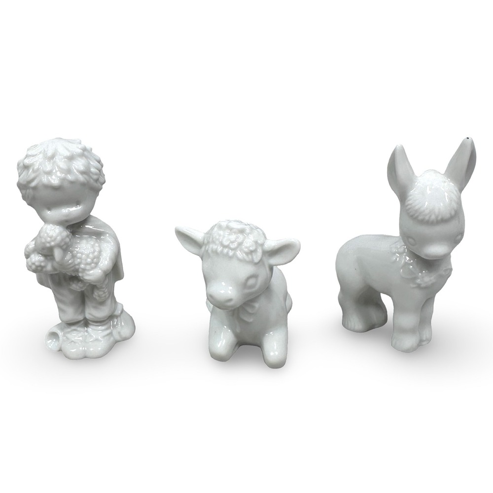Hallmark White Mary Hamilton Nativity 3 Figurines Shepherd Donkey Cow 1980 Japan